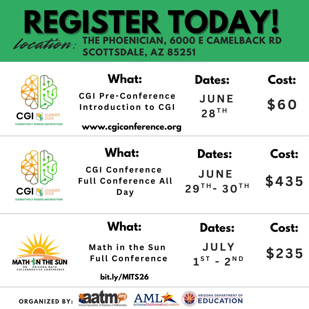 azmathleaders's tweet photo. ✅ CGI Pre‑Conference: Introduction to CGI
🗓 June 28
💲 $60
🌐 https://t.co/hBz8vDgQnH
✅ CGI Full Conference
🗓 June 29–30
💲 $435
🌐 https://t.co/hBz8vDgQnH
✅ Math in the Sun Full Conference
🗓 July 1–2
💲 $235
🔗 https://t.co/YyxaUcYnI1 https://t.co/KUUKDX7mm3