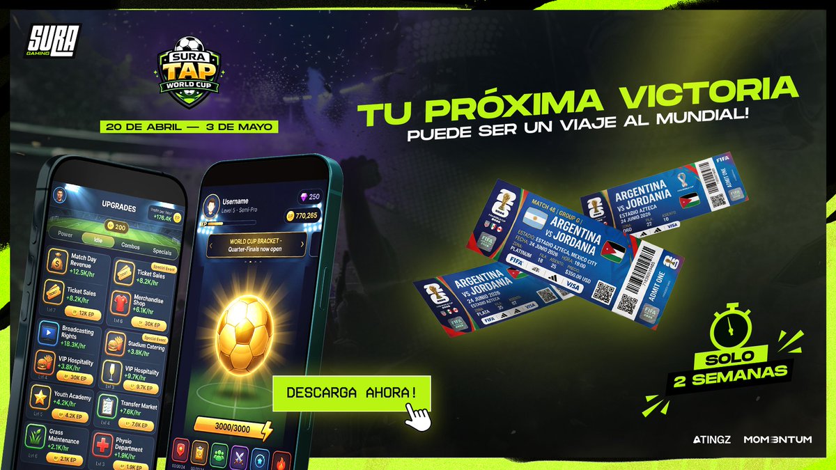suragamingteam's tweet photo. 🏆 DEL CELU AL MUNDIAL ⚽️

¿Te imaginás ganar entradas para el Mundial solo jugando desde el CELU? 👀

Se viene algo grande...
📅Del 20 de abril al 3 de mayo.

Estate atento a nuestras redes 🔥🏆
