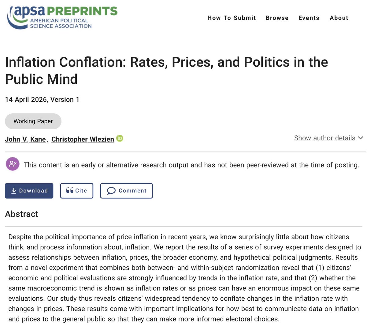 UptonOrwell's tweet photo. 🚨New working paper w/ the legendary @CBWlezien!

Lots of talk about inflation &amp; voters' political views. But how well do voters actually understand info about inflation?

We find that a majority conflates changes in rates w/ changes in prices. This has important consequences... https://t.co/9UhDvEslOi