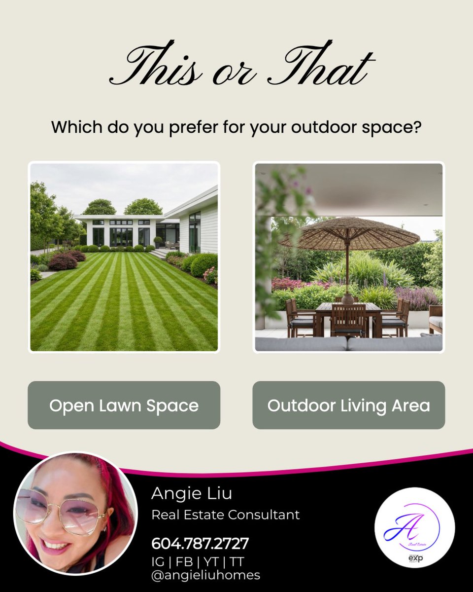 Are you drawn to the simplicity and peacefulness of a lush open lawn, providing a calm backdrop for outdoor activities and relaxation? Or do you prefer transforming your backyard with outdoor patio furniture, creating a functional and social living space?

#Realtor #RealtorLife