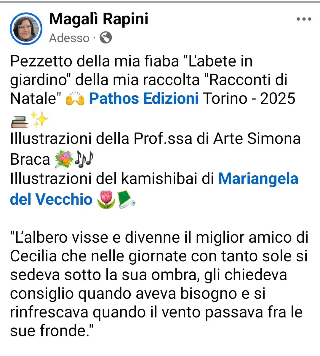 MagaliRapini's tweet image. Pezzetto della mia fiaba "L'abete in giardino" della mia raccolta "Racconti di Natale" 🙌 Pathos Edizioni Torino - 2025 📚✨

#fiabe #storieperipiccoli #Natale #lettura #letturaadaltavoce #positività #pensieropositivo 

ibs.it/racconti-di-na…