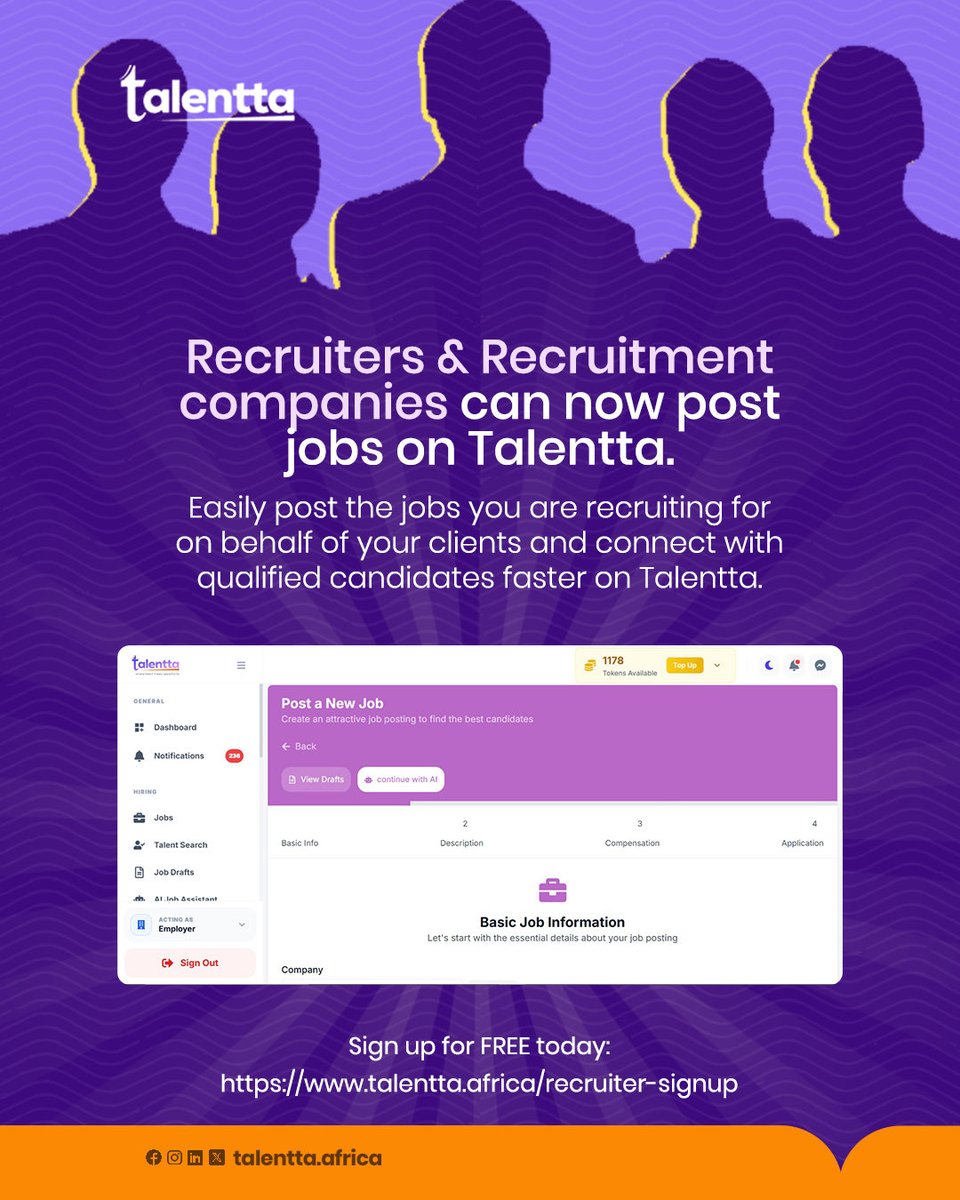 Talentta_'s tweet photo. Easily post the jobs you are recruiting for on behalf of your clients and connect with qualified candidates faster on Talentta.

Use Talentta and access thousands of qualified talents.

Sign up as an Employer for FREE.

Link in Bio

#Talentta #postajob #hire #recruitmentcompanies https://t.co/UeEDIKilLQ