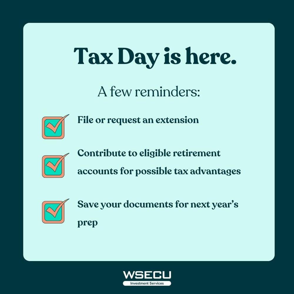 WSECUInvest's tweet photo. Today’s the Deadline! ⏰

Tax Day is here. A few reminders:
✔ File or request an extension
✔ Contribute to eligible retirement accounts for possible tax advantages
✔ Save your documents for next year’s prep https://t.co/GMzwfrcgGo