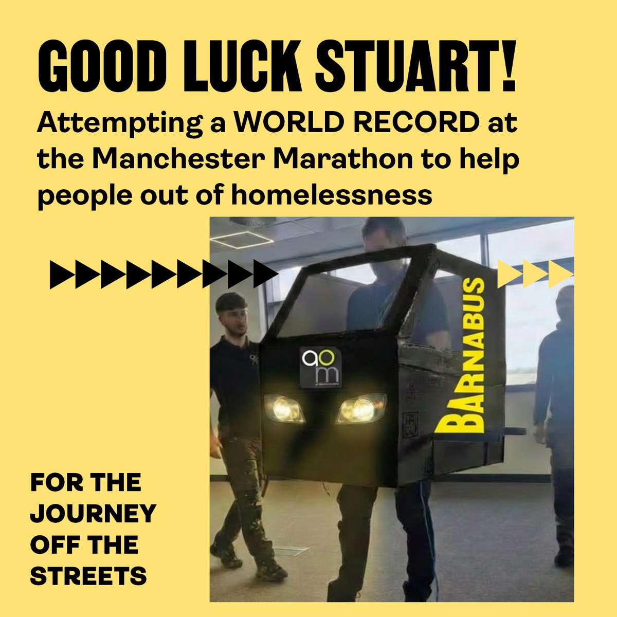 BarnabusMcr's tweet image. A huge good luck to our two @Marathon_Mcr runners Stuart and Ross!

Stuart is attempting to break a World Record for the fastest marathon dressed as a motor vehicle, inspired by the original Barnabus bus!

justgiving.com/page/stuart-wa…

justgiving.com/page/ross-bear…

#run #marathon #homeless
