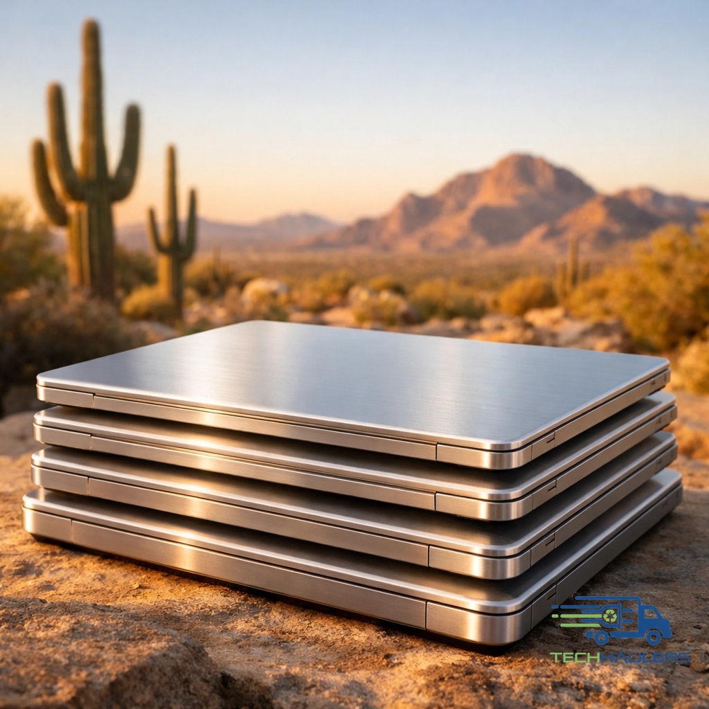 TechHaulers's tweet image. Earth Month Edition 🌍 | Did you know recycling aluminum from tech saves 95% energy compared to raw ore? (Source: EPA) Help us keep AZ, SoCal, and NV green by recycling your old laptops with TechHaulers! ♻️🌵 #EarthMonth #TechHaulers #Recycle #GreenTech