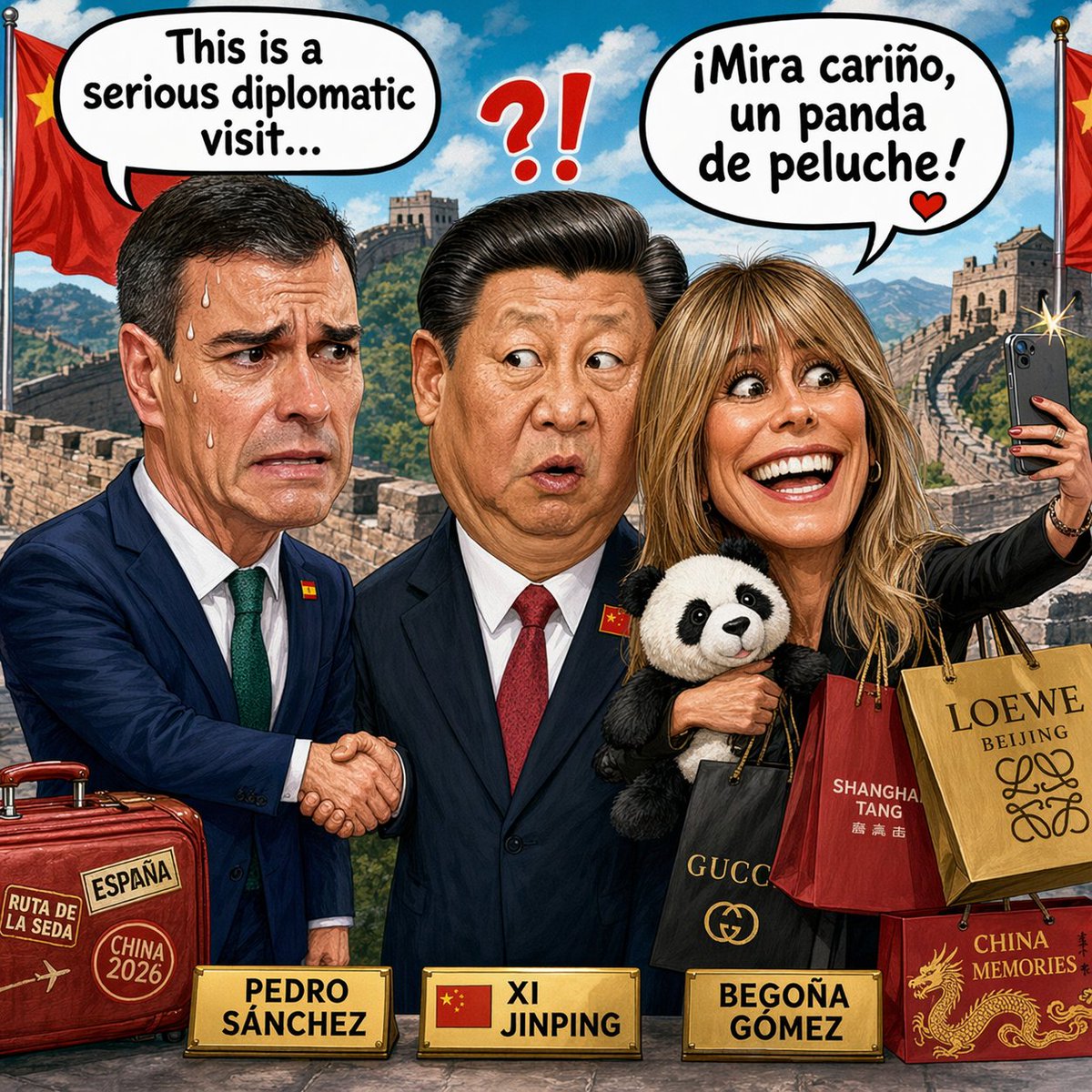 qrart2030's tweet photo. De turismo en China, David contra Goliat y el marido sobreprotector

#PedroSanchez #BegoñaGomez #JuezPeinado  #Sobreprotector #PoliticaEspaña #AICaricature #Viral2026 #HumorPolitico #CasoBegoñaGomez #JusticiaVsPoder #SanchezEnChina #TurismoDiplomatico #ChinaSpain https://t.co/WKZPGQOafK