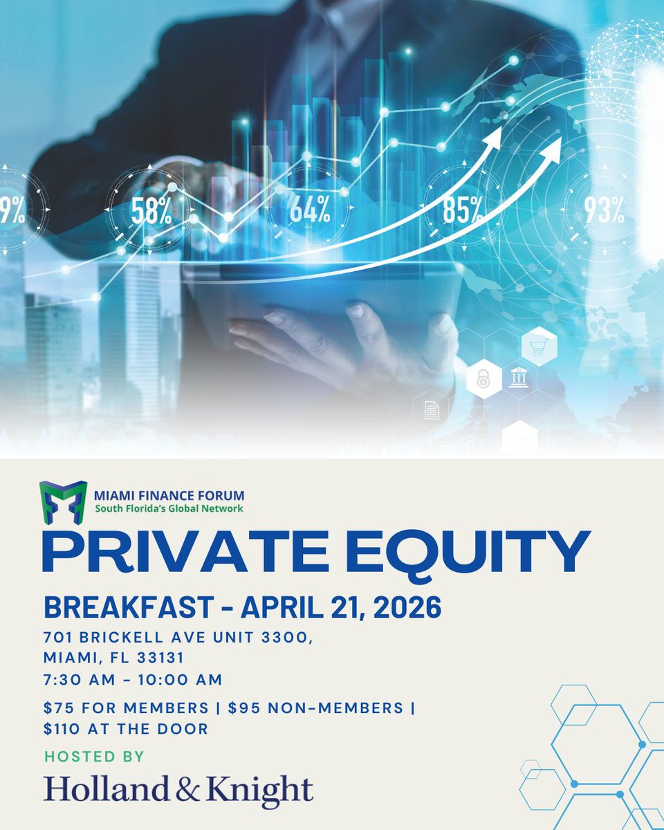 Private Equity Breakfast: Navigating the South Florida Landscape
We are proud to have this event hosted by Holland and Knight.

Date: April 21, 2026

Reserve your spot today to ensure you are part of this insightful gathering.

RSVP: mff.wildapricot.org/event-6451039

#MiamiFinanceForum
