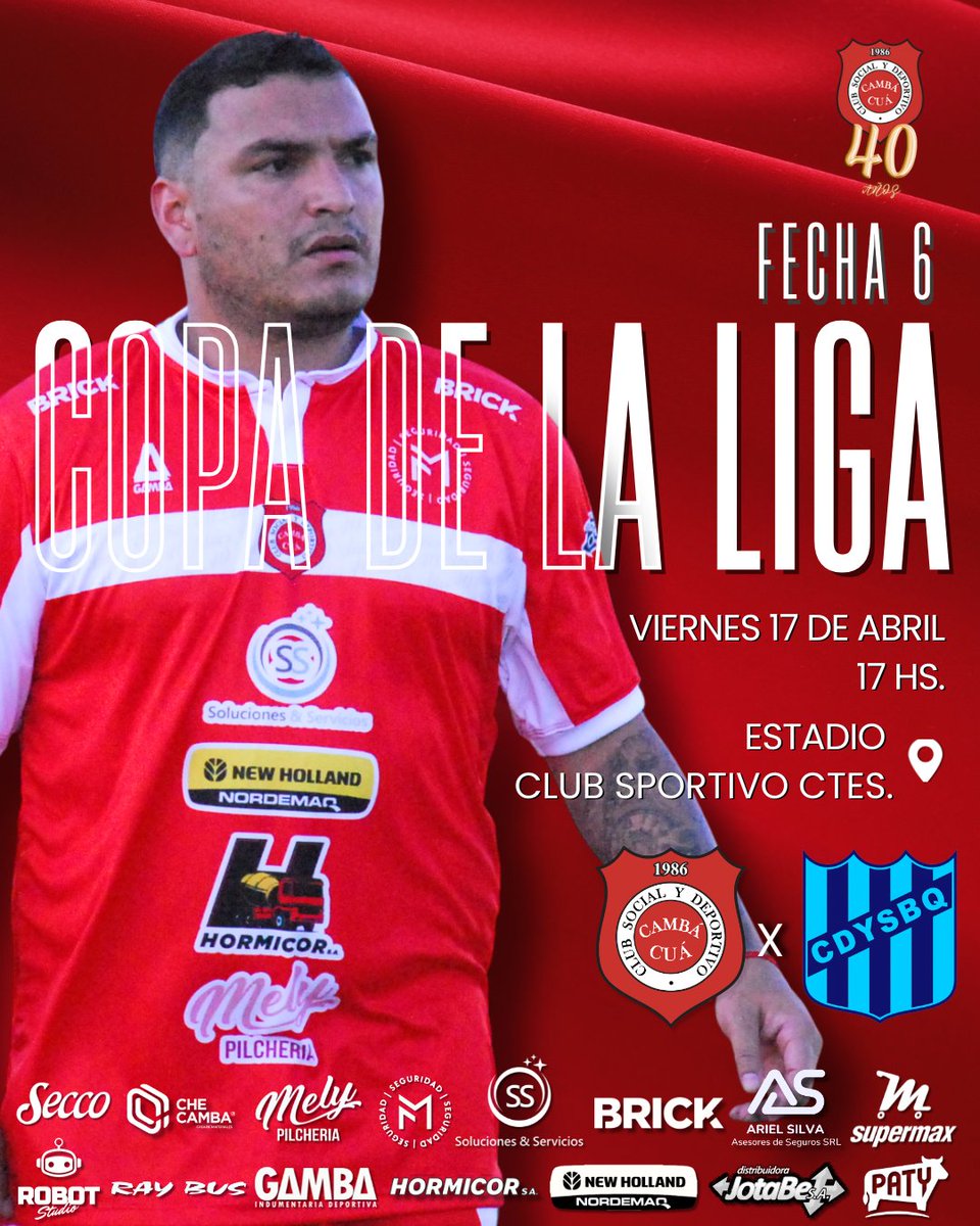 💪🏽 Este viernes volvemos a jugar: por la fecha 6️⃣ de la Copa de la Liga vamos a enfrentar a Barrio Quilmes ⚽️

👉🏼 El partido será desde las 17 hs. 🕔 en el estadio del club Sportivo Ctes. 🏟

🗣 Vamos a alentar al Camba‼️

#CambáCuá40Años