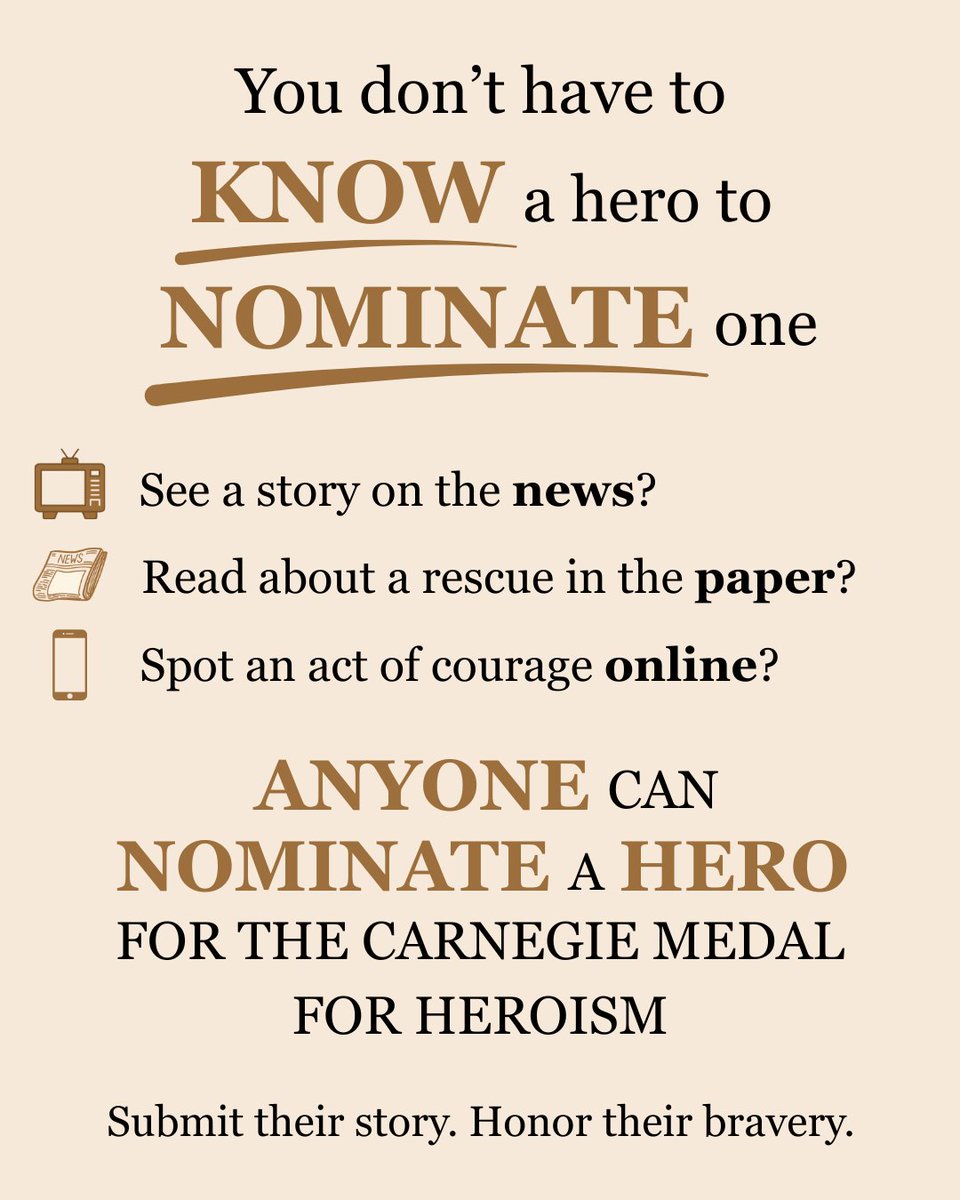 carnegie_hero's tweet photo. You don’t have to know a hero to nominate one.

Whether you saw a heroic story on the news or came across an article online, you can help give these heroes the recognition they deserve by nominating them for the Carnegie Medal for Heroism. Anyone can submit a nomination to the Carnegie Hero Fund because heroism doesn’t belong to a select few, and recognition shouldn’t either.

Click the link to submit a nomination today and help ensure courage is never overlooked: https://t.co/vJVTwPW4KP

#CarnegieHeroFund #HeroesAmongUs #NominateAHero #ActOfCourage #EverydayHeroes