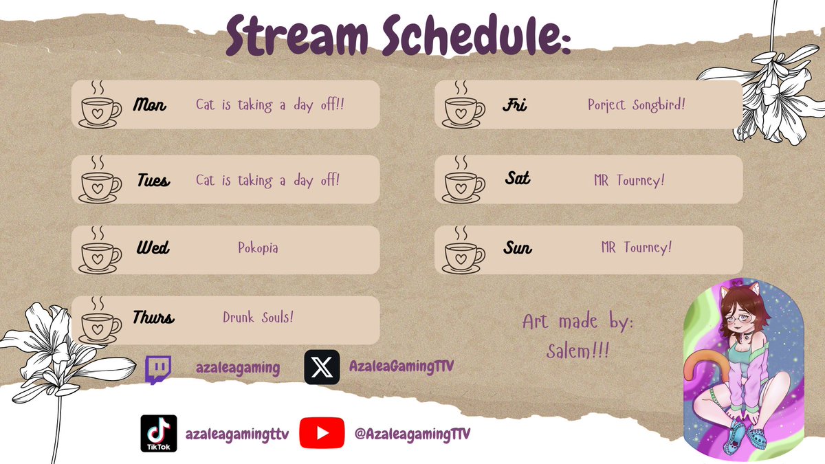 It's been a while since i did this! So Wed-Fri will start around 8pm CST and then Sat-Sunday will start at 7pm CST!! Games and times may subject to change due to the the Tourneys and I do need to practice. So please be kind if i dont play the game and/or start early/later!