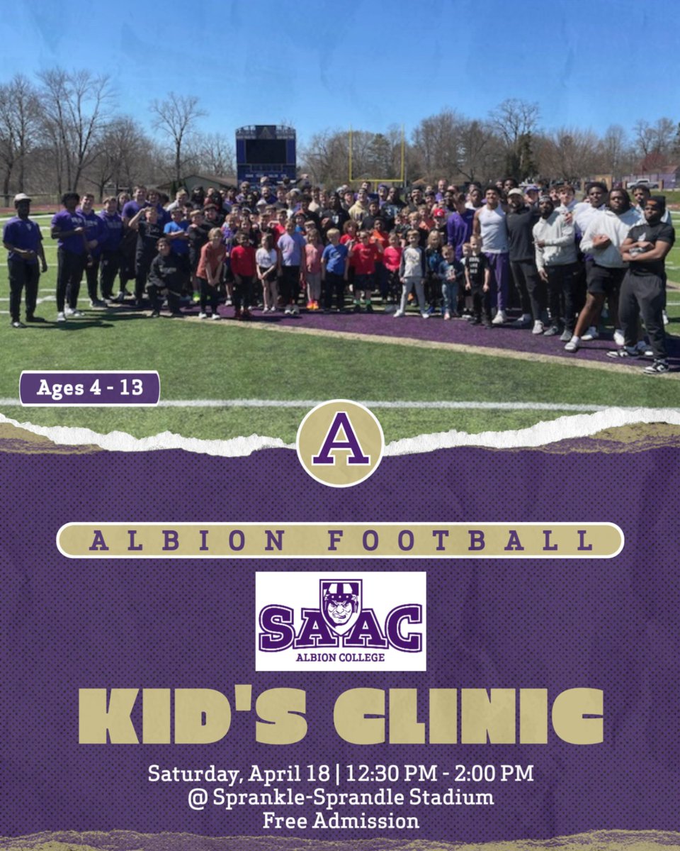 AlbionFootball's tweet photo. Join us this Saturday @ 12:30 PM for our annual free S.A.A.C. Football Clinic!

Ages 4-13 welcomed!

🔗https://t.co/AsmEKU0B56 https://t.co/1VQnY1bv5E