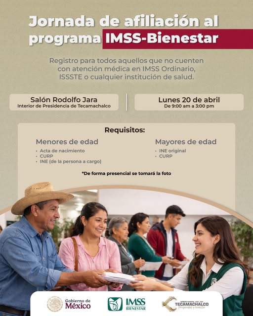 VisionUPP's tweet image. #VISION en #Tecamachalco
Jornada de afiliación al programa #IMSS-Bienestar en Tecamachalco
El H. Ayuntamiento de Tecamachalco informa a la ciudadanía que se llevará a cabo una jornada de afiliación al programa IMSS-Bienestar.