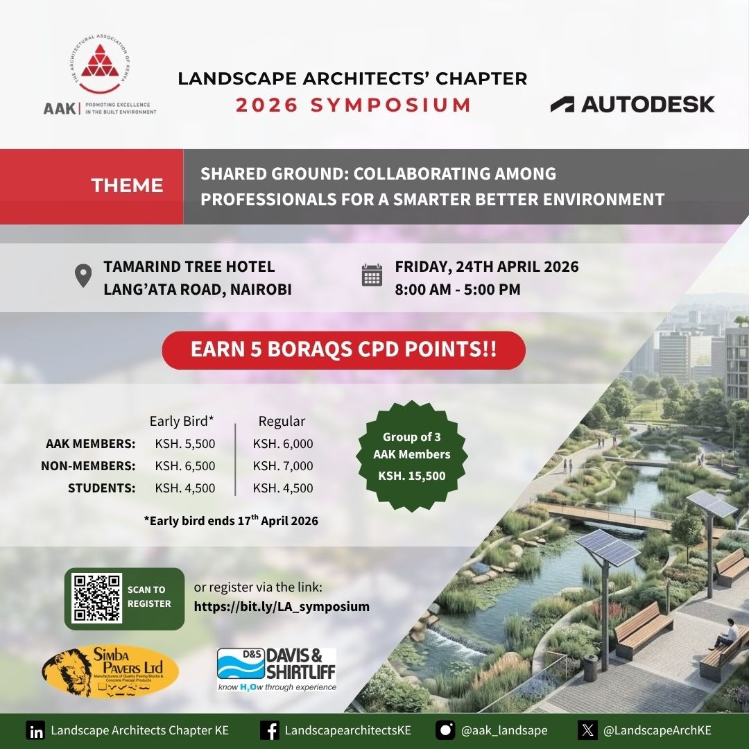 Arch_KE's tweet photo. AAK CPD Symposium, hosted by the @LandscapeArchKE .

Theme: Shared Ground: Collaborating Among Professionals For A Smarter Better Environment
Date: 24th April 2026 | 8 AM – 5 PM
Location: Tamarind Tree Hotel, Nairobi
5 BORAQS CPD point
Register: https://t.co/A0c65oIfnz https://t.co/Z2ko1NSYyU