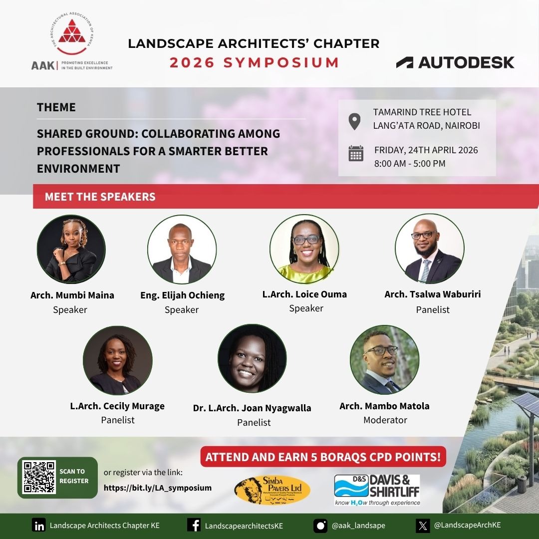 Arch_KE's tweet photo. AAK CPD Symposium, hosted by the @LandscapeArchKE .

Theme: Shared Ground: Collaborating Among Professionals For A Smarter Better Environment
Date: 24th April 2026 | 8 AM – 5 PM
Location: Tamarind Tree Hotel, Nairobi
5 BORAQS CPD point
Register: https://t.co/A0c65oIfnz https://t.co/Z2ko1NSYyU