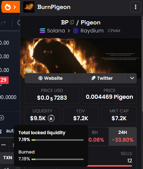 Crypto_Mika_'s tweet photo. $BP is the first token, where the lock symbol is visible on dexscreener. 
100% of the LP tokens are burned (92.8% in the incinerator + 7.19% elsewhere).

This means the liquidity is effectively permanently locked — no one can rug by removing the LP. https://t.co/Mc2DU30Sye