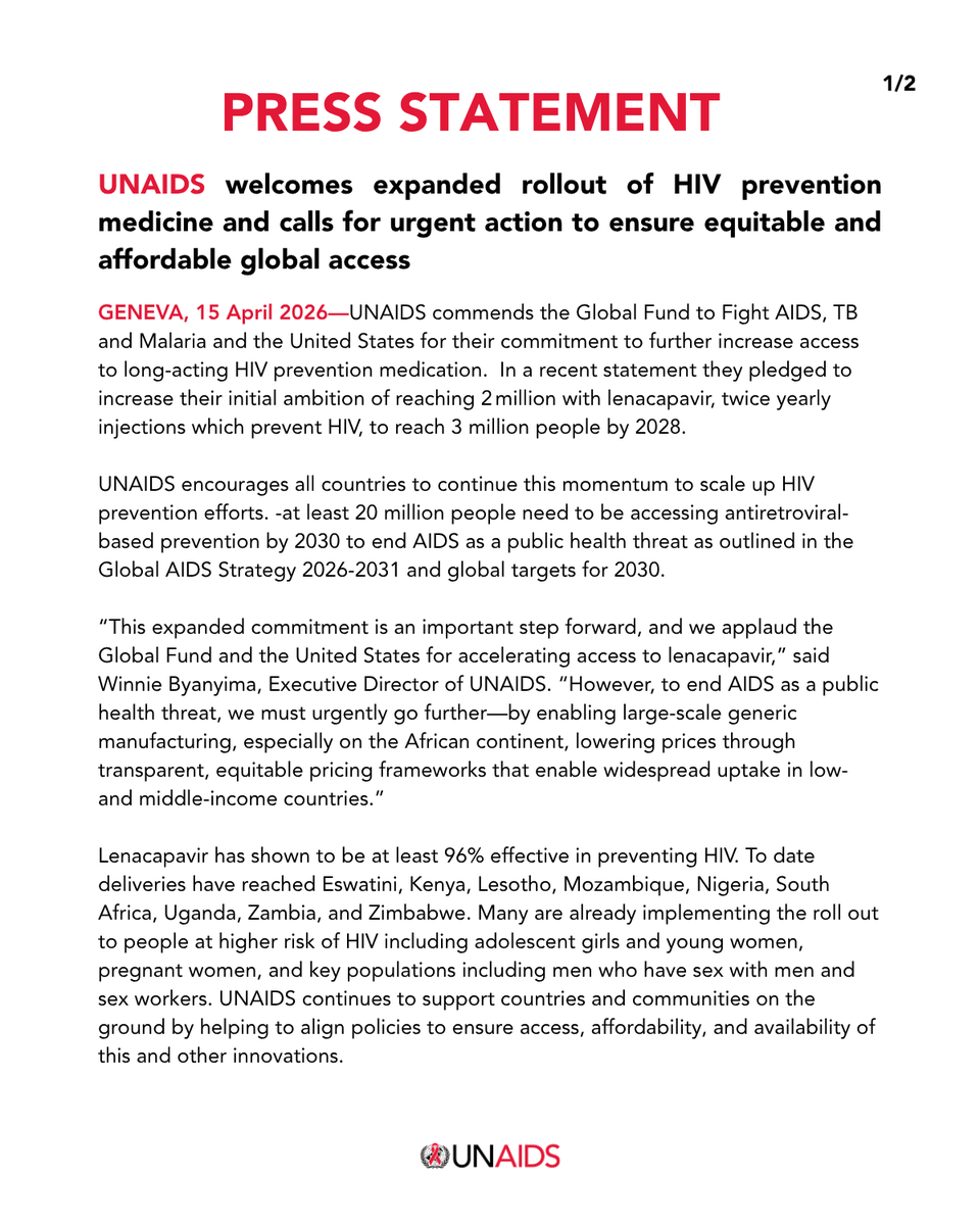 UNAIDS's tweet photo. UNAIDS welcomes expanded rollout of HIV prevention medicine and calls for urgent action to ensure equitable and affordable global access

Read full statement here: https://t.co/2mV1ako8Hs https://t.co/boMBVrYhMW