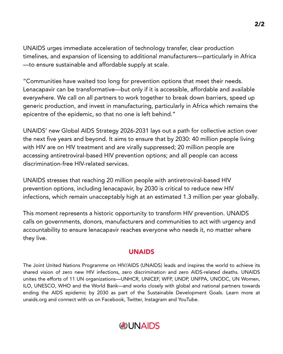UNAIDS's tweet photo. UNAIDS welcomes expanded rollout of HIV prevention medicine and calls for urgent action to ensure equitable and affordable global access

Read full statement here: https://t.co/2mV1ako8Hs https://t.co/boMBVrYhMW