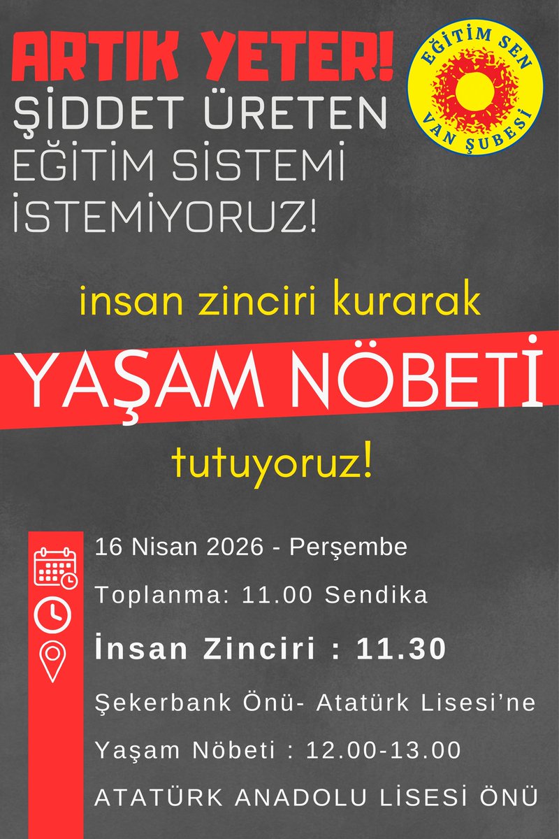 EgitimSenVan's tweet photo. 🔴 A R T I K    Y E T E R ‼️‼️

Şİddet Üreten Eğitim Sistemi İstemiyoruz!

⚠️ 16 Nisan’da Eğitim Emekçileri Olarak 

BİR ARAYA GELİYORUZ!

İŞ BIRAKIYORUZ!

İnsan Zinciri Kurarak

YAŞAM NÖBETİ TUTUYORUZ!

16 Nisan Perşembe
Toplanma: Sendika-11.00
İnsan Zinciri: 11.30 Şekerbank Önünden Atatürk Anadolu Lisesi Önüne Kadar 
Yaşam Nöbeti : 12.00-13.00 Atatürk Anadolu Lisesi Önü