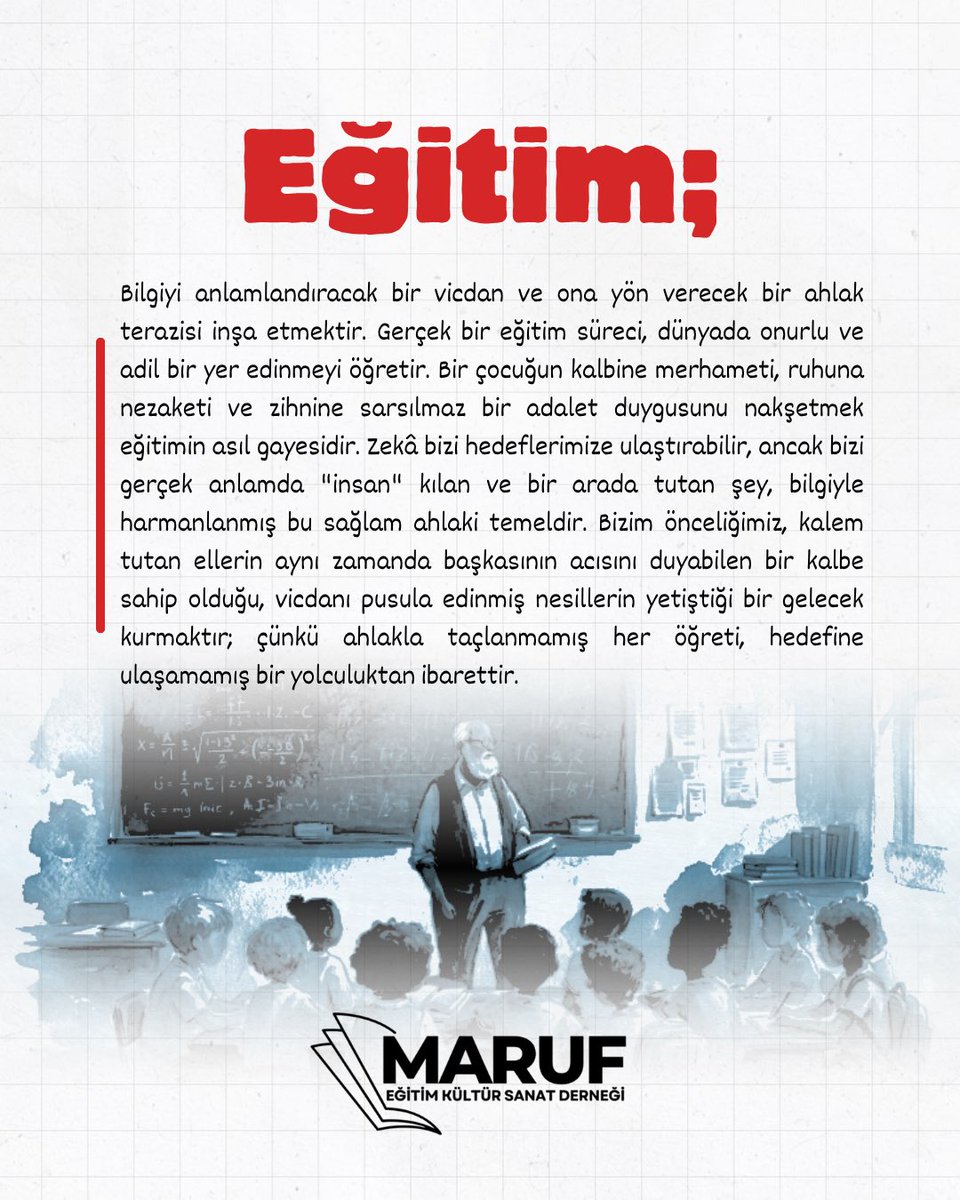 maruf_dernegi's tweet photo. Eğitimde önceliğimiz; vicdanı pusula, adaleti sarsılmaz bir temel edinmiş nesiller! 

Bilgiyi ahlak terazisinde tartan, merhametli kalemlerin yetiştiği bir gelecek inşa ediyoruz. Çünkü biliyoruz ki; ahlakla taçlanmamış her öğreti, hedefine ulaşamamış bir yolculuktur. https://t.co/ZEvrSW06eW