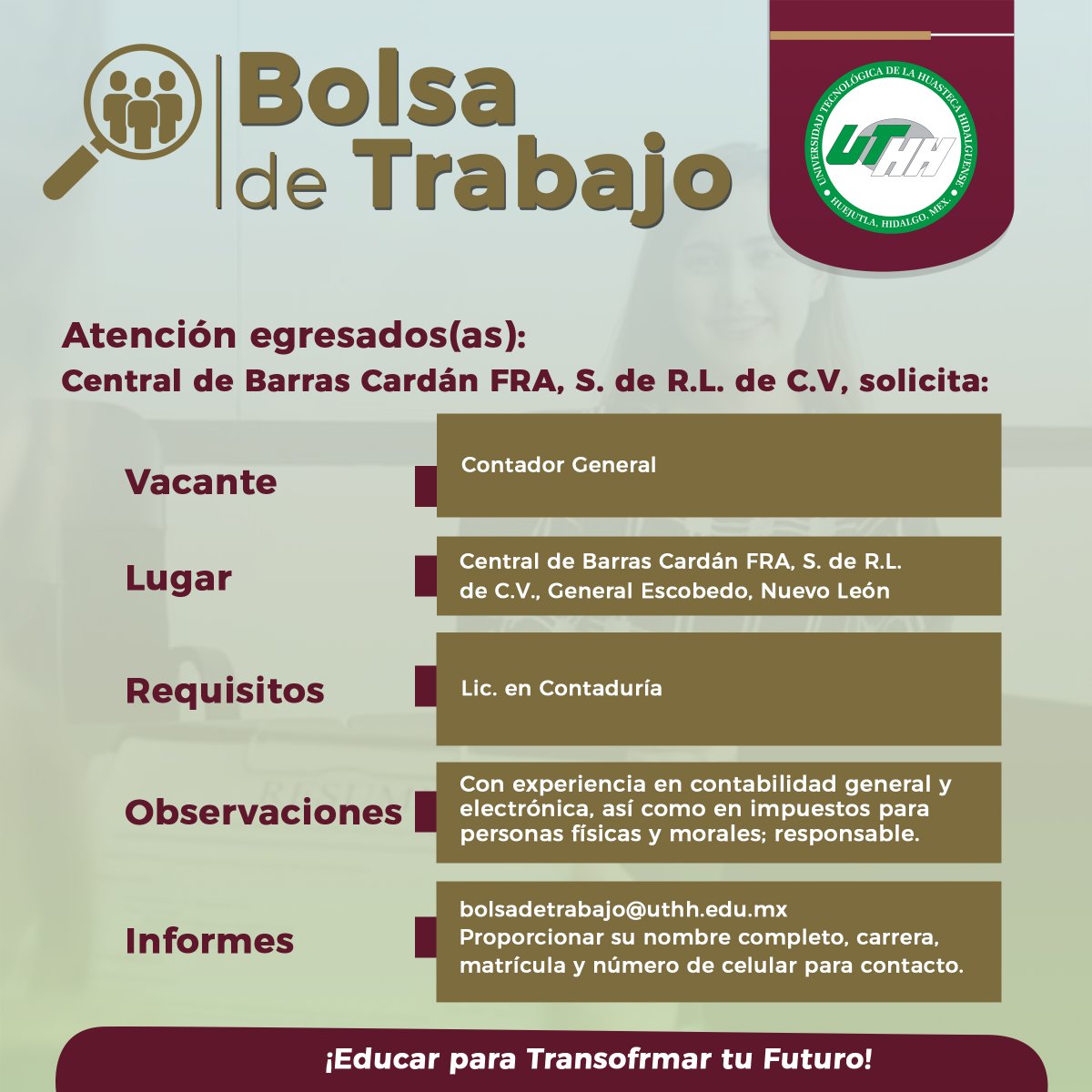 uthh96's tweet photo. 🎓 ¡Atención egresadas y egresados de la Licenciatura en Contaduría de la UTHH!

📢 Esta oportunidad es para ti 👇

🏢 Central de Barras Cardán FRA, S. de R.L. de C.V. está en búsqueda de:

💼 Contador(a) General
📍 General Escobedo, Nuevo León https://t.co/LEWT4MT4yi