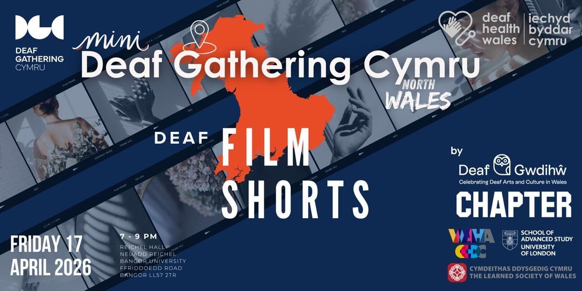 DeafWalesCymru's tweet image. Join us for the Deaf BSL Film Festival 🎬
📅 17 April | 🕖 7–9pm
📍 Reichel Hall, Bangor University
Celebrate Deaf culture, powerful stories &amp;amp; amazing talent on screen. Everyone’s welcome bring your friends!
#DeafBSLFilmFestival #BSL #DeafCulture #FilmFestival #BangorUniversity