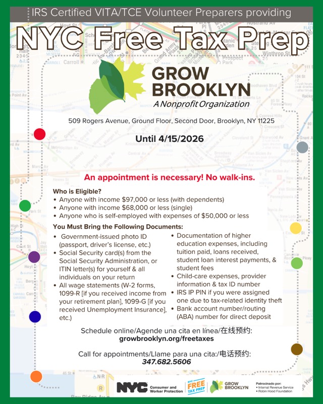 GrowBrooklyn's tweet photo. 📍Today is Tax Day!!📍

If you were not able to get an appointment, you can still file for an extension, get guided help online, or file on your own.

Call us if you need help deciding what to do next.🌱

#GrowBrooklyn https://t.co/nJVnNWvrJq