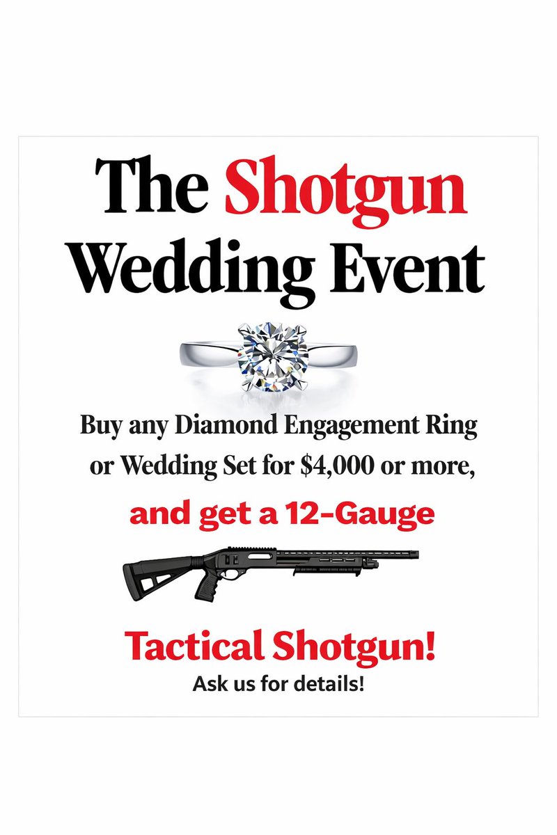 DiamondJimTexas's tweet photo. For a limited time at Diamond Jim’s PINEFOREST JEWELRY Experience: spend $4,000+ on an engagement ring or wedding set and get a FREE 12-gauge shotgun.

She gets the ring. You get the shotgun.
Limited time—don’t miss it. https://t.co/C0GVR01DAd