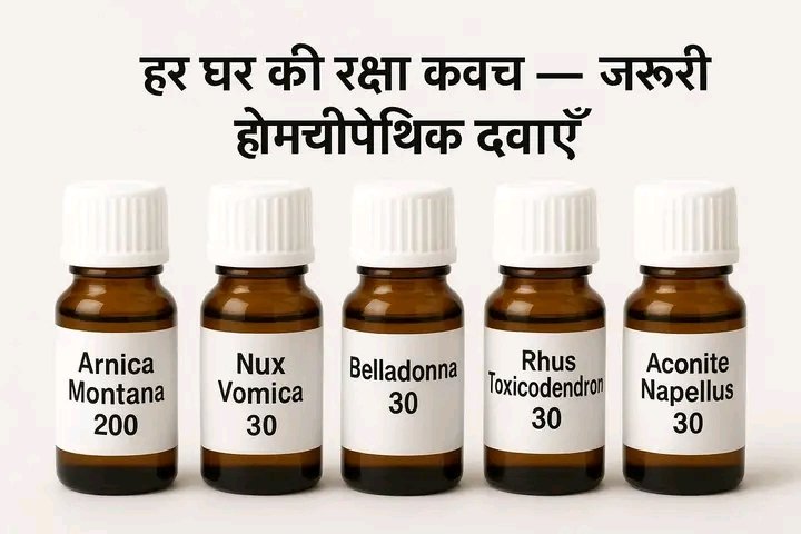 5 ज़रूरी होम्योपैथिक दवाएँ जो हर घर में होनी चाहिए 
(घर के छोटे-मोटे रोगों का प्राकृतिक समाधान)

 1. Arnica Montana 200 – चोट और थकान की पहली राहत

 इसे “होम्योपैथी का Painkiller” कहा जाता है।
अगर गिरने, चोट लगने, या मांसपेशियों में दर्द हो — बस Arnica दे दीजिए।
 फायदे:

चोट या