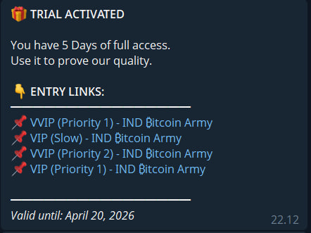 indbitcoinarmy's tweet photo. Curious about our VIP signals? Grab a free 3-7 days trial and test our accuracy from the inside.

Claim in 3 easy steps:

Go to @VIPINDBitcoinArmy_Bot
Press /start
Tap on "🎁 ACTIVATE FREE TRIAL" https://t.co/7lQvVglAkS
