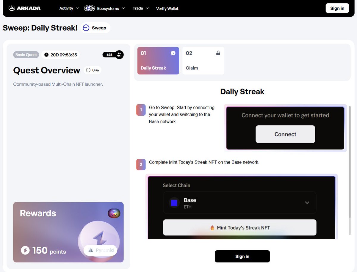 sweep_haus's tweet image. 🚀 Daily Streak by Sweep just landed on @Arkada_gg 

Powered by @base 🟦

connect wallet → mint daily → build unstoppable consistency 🔥

➡️ sweep.haus/streak

this is not a quest… it’s onchain habit formation 👀

👉  app.arkada.gg/en/campaign/ba…

#Sweep #Base #NFT #Web3