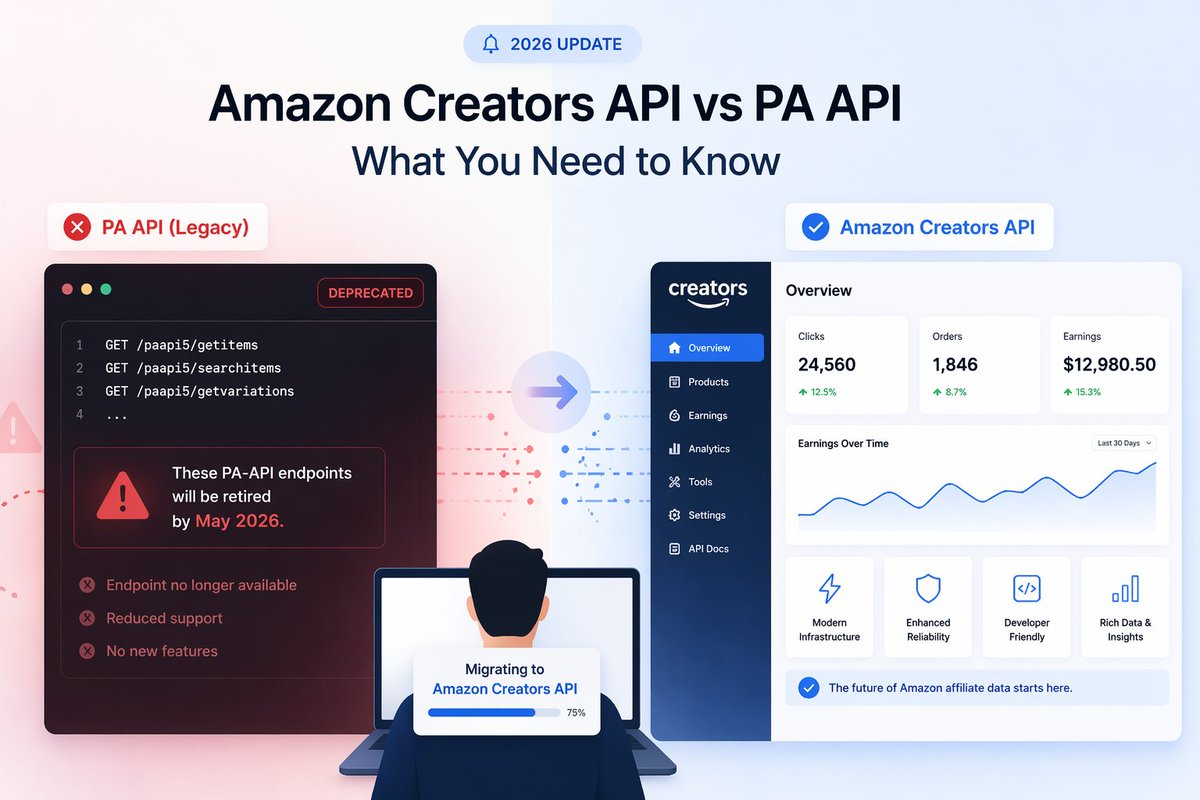freshstoreapp's tweet photo. Amazon is retiring the PA-API in 2026 and replacing it with the new Creators API.
FreshStore customers: you don't need to do anything. We handle the whole migration for you.

Full breakdown here:

https://t.co/pOAIdA9gky https://t.co/m8cR7sJzi8