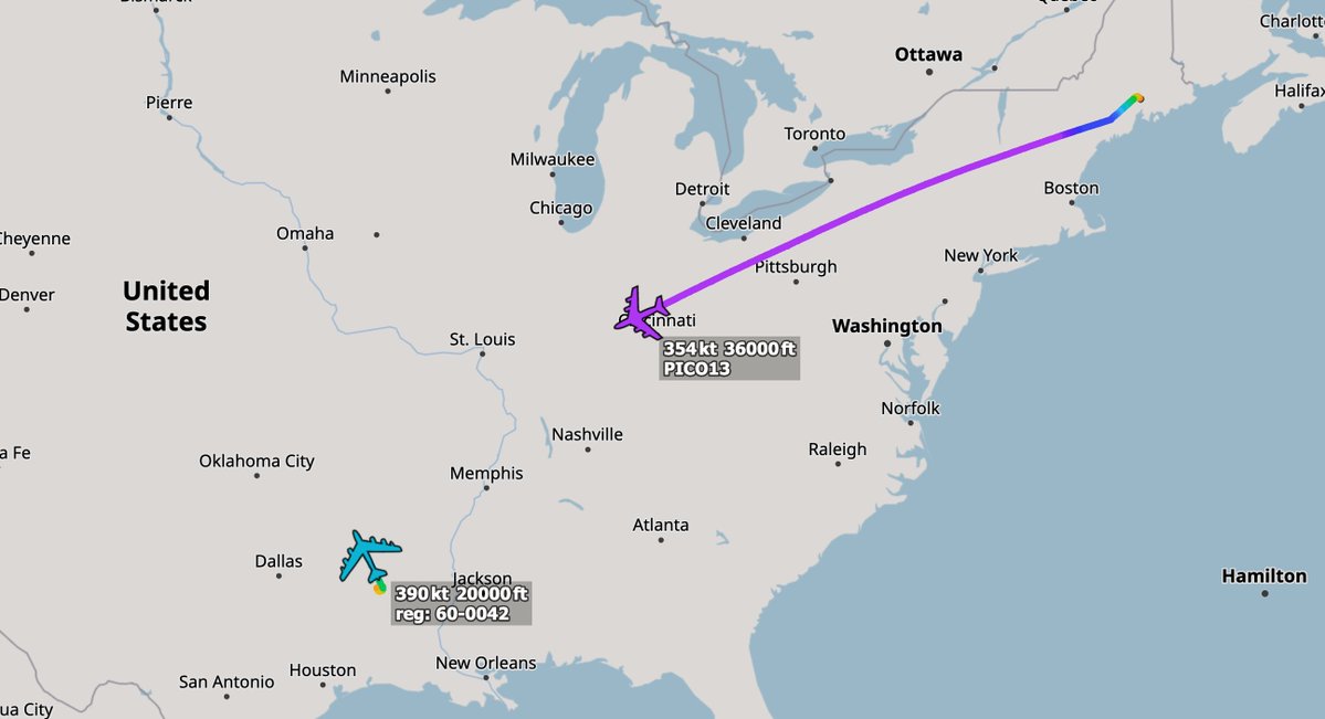 ArmchairAdml's tweet image. #USAF United States Air Force

Boeing B-52H Stratofortress 1x
#AE5888 60-0042 - Unknown C/S

Boeing KC-135 Stratotanker 1x
#AE0382 58-0051 - PICO 13

PICO 13 departed Bangor Air National Guard Base earlier this afternoon and appears to be headed to meet with a B-52 from Barksdale