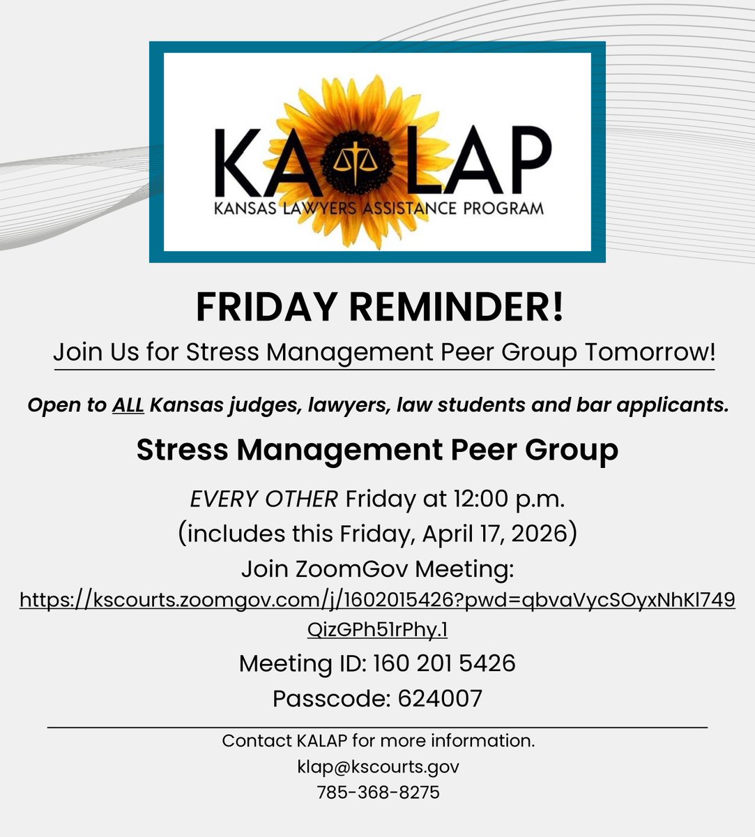 KansasLAP's tweet image. Did you know? ‼⚠️ KALAP hosts a Stress Management Peer Group every other Friday at 12PM CST.

A simple way to connect, reset, and find support. 💛 Join us tomorrow.

💬 DM for questions

#support #kalap #lawyerwellbeing #mentalhealthmatters