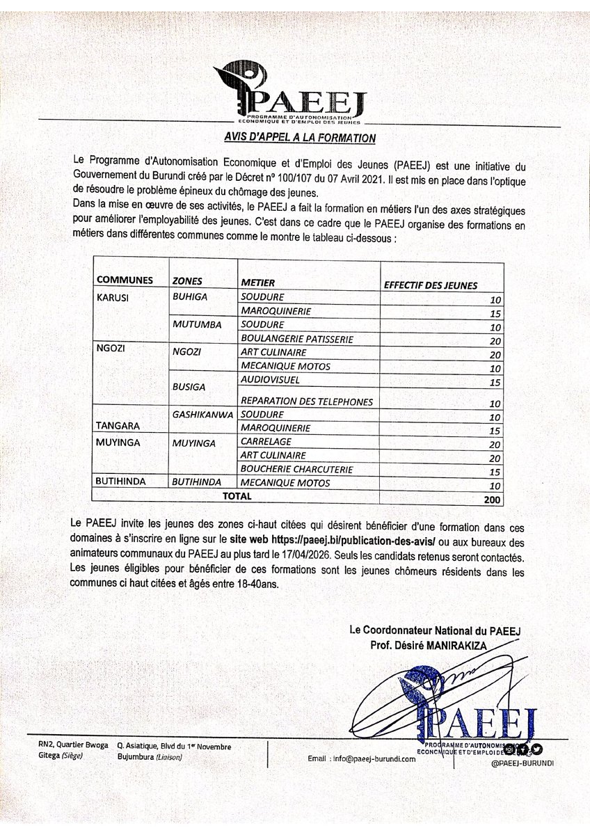 PAEEJ_Burundi's tweet photo. 📢 Appel à la formation en métiers. 

📍 Le @PAEEJ_Burundi invite les jeunes chômeurs de 16–40 ans à postuler aux formations en métiers dans les zones mentionnées ci-dessous.

📝 Inscrivez-vous ici : https://t.co/M8BjgsQzLj ou aux bureaux communaux du PAEEJ.

Deadline : 17/04 https://t.co/lRge2g9gJa
