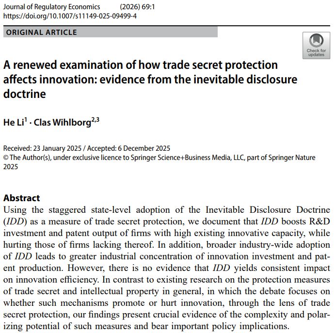 JRegulEcon's tweet photo. 💡Take a look at this!💡

Trade secret protection boosts innovation—but only for already innovative firms.

New evidence shows it can reduce innovation for others and increase industry concentration.

#Innovation #IP #Economics https://t.co/Zsvzo3xYoS