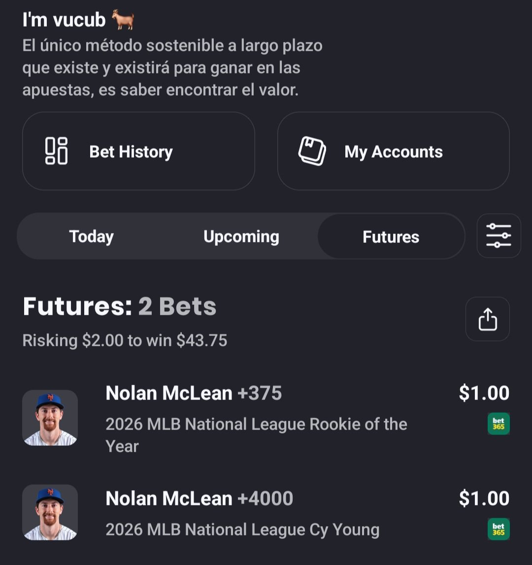 LVucub's tweet photo. Lo de Nolan Mclean es de admirar y seguiré su trabajo muy de cerca, solo me queda decir que si se mantiene sano toda la temporada, tendremos al Rookie de la Nacional y por que no al Cy Young de la temporada 2026!

Aquí dejo mis dos Futuras 🔮

#NolanMclean #MLB ⚾️🔥 https://t.co/a0SpSjxvC8