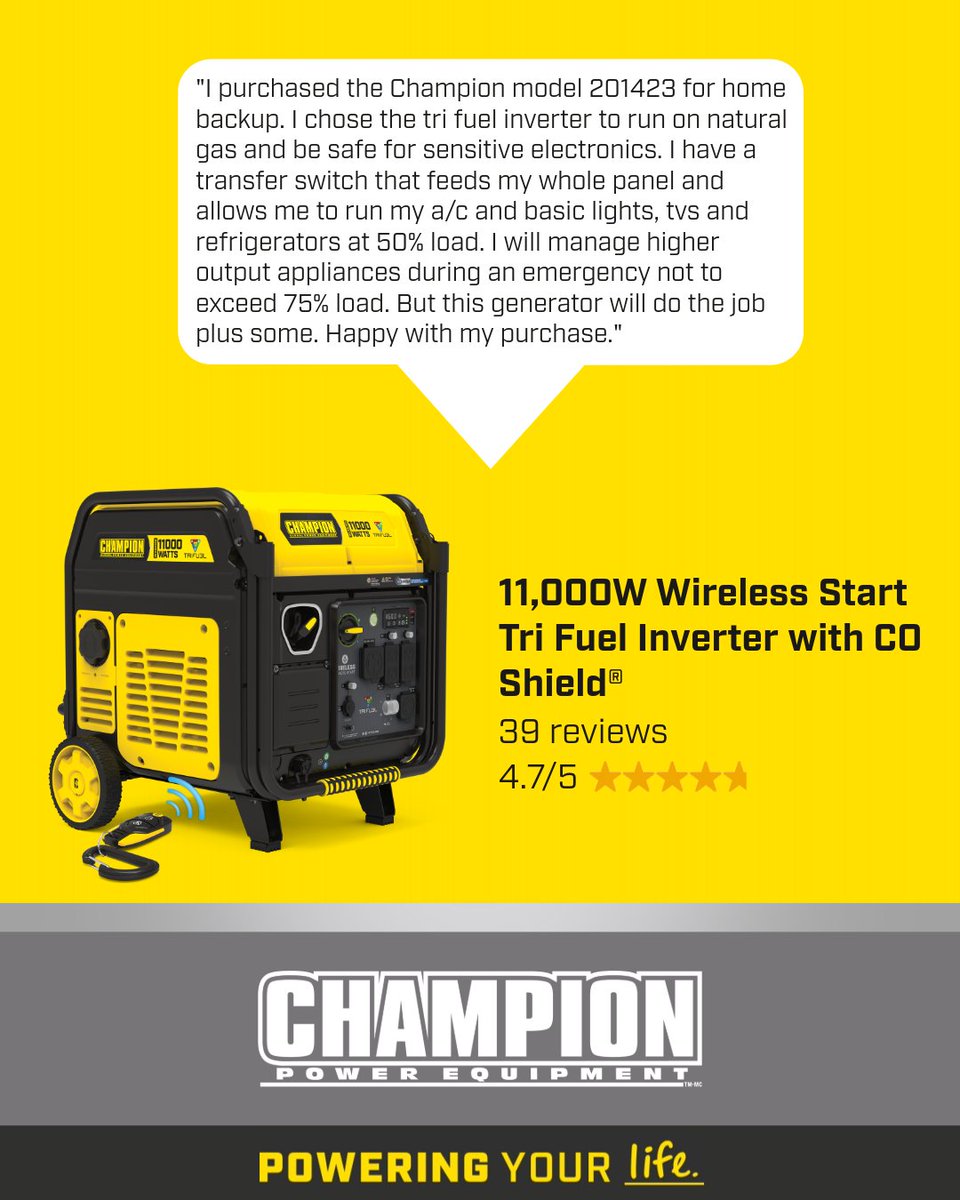 ChampionPowerEQ's tweet image. “Does the job plus some.” 💬⚡

The 11,000W Tri-Fuel Inverter with CO Shield® delivers flexible, reliable #BackupPower, built for real home needs. 💪

Learn more: bit.ly/4vBFZD6

#PoweringYourLife
#FeatureFriday
#InverterGenerator