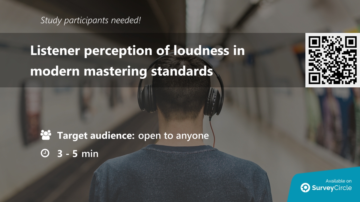 daily_research's tweet image. Participants needed for online survey!

Topic: "Listener perception of loudness in modern mastering standards" surveycircle.com/9H62W2/ via @SurveyCircle

#AudioEngineering #mastering #MusicIndustry #music #audio #MixingEngineering #survey #surveycircle