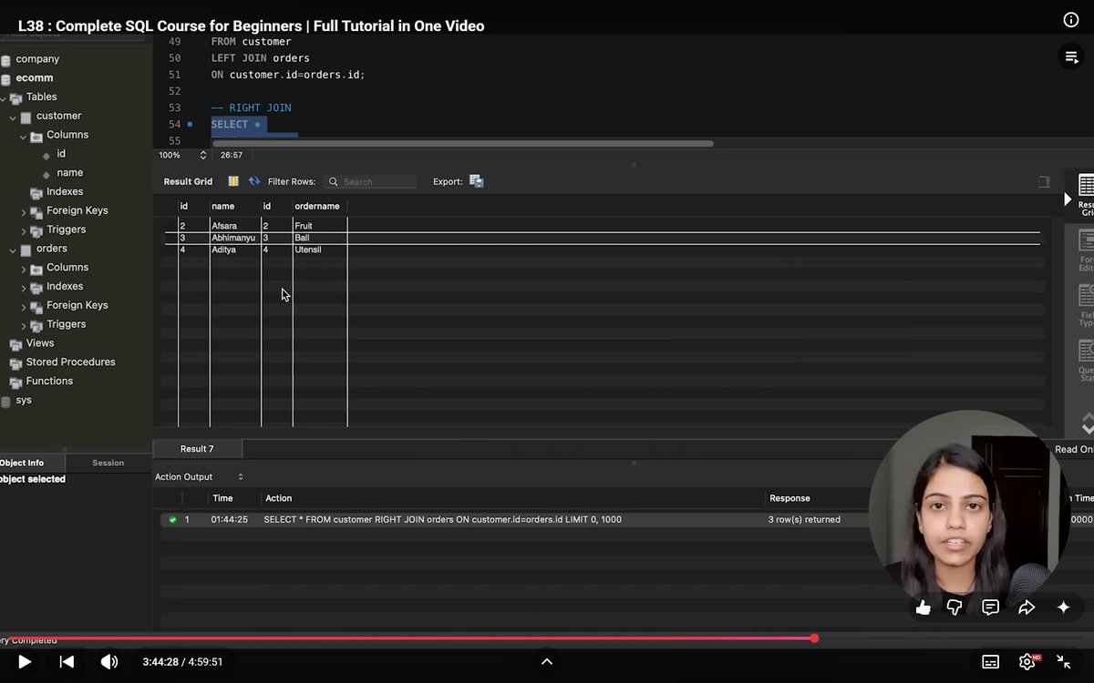 1drie5's tweet image. L38 (31)

right join = all right + matches (else NULL).

select c.name, o.ordername
from customer c
right join orders o
on c.id = o.id;

tip: rarely used! devs prefer flipping tables &amp;amp; using left joins.

#DBMS #SQL #Databases