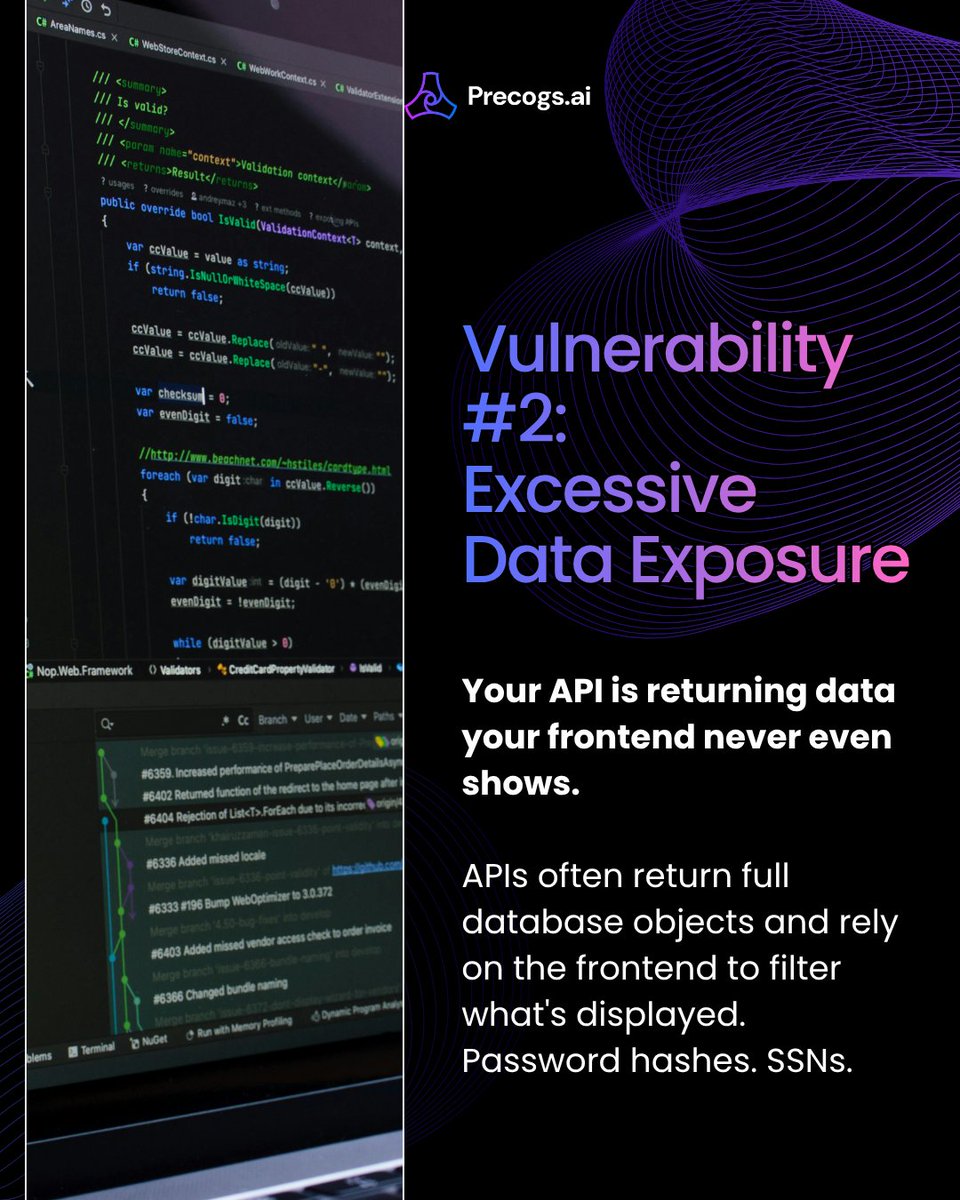 precogs_ai's tweet photo. Your API is quietly returning data your frontend never even shows.

Full database objects.
Password hashes.
SSNs.
Sensitive fields.

APIs often dump everything and hope the frontend filters it. Attackers don’t rely on your frontend.  They just read the raw response. https://t.co/W6MDFiVy82
