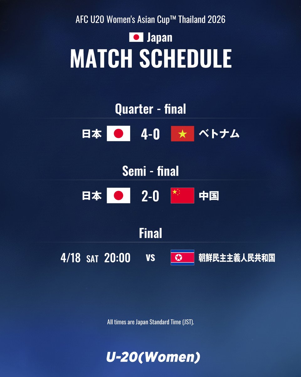 NEXT MATCH⏩ 🏆AFC U20女子アジアカップタイ2026 ⚔️決勝 🗓️4.18(土) ⌚️20:00(🇯🇵) 🆚U-20朝鮮民主 ...