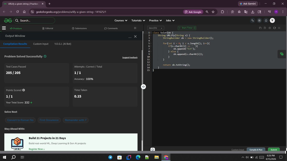 vidant92's tweet photo. Day 56 of #GFG60DaysChallenge
Solved: URLify a given string.
@geeksforgeeks
@NPCI_NPCI
#geekstreak60 #npci https://t.co/3VQfJugTmS
