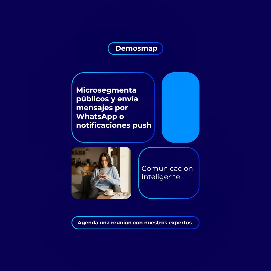 demosmap's tweet photo. Demosmap microsegmenta públicos de interés y sistematiza el envío de mensajes de un modo personalizado mediante notificaciones push o WhatsApp.

#Demosmap #GovTech https://t.co/hRPtkKwZ20
