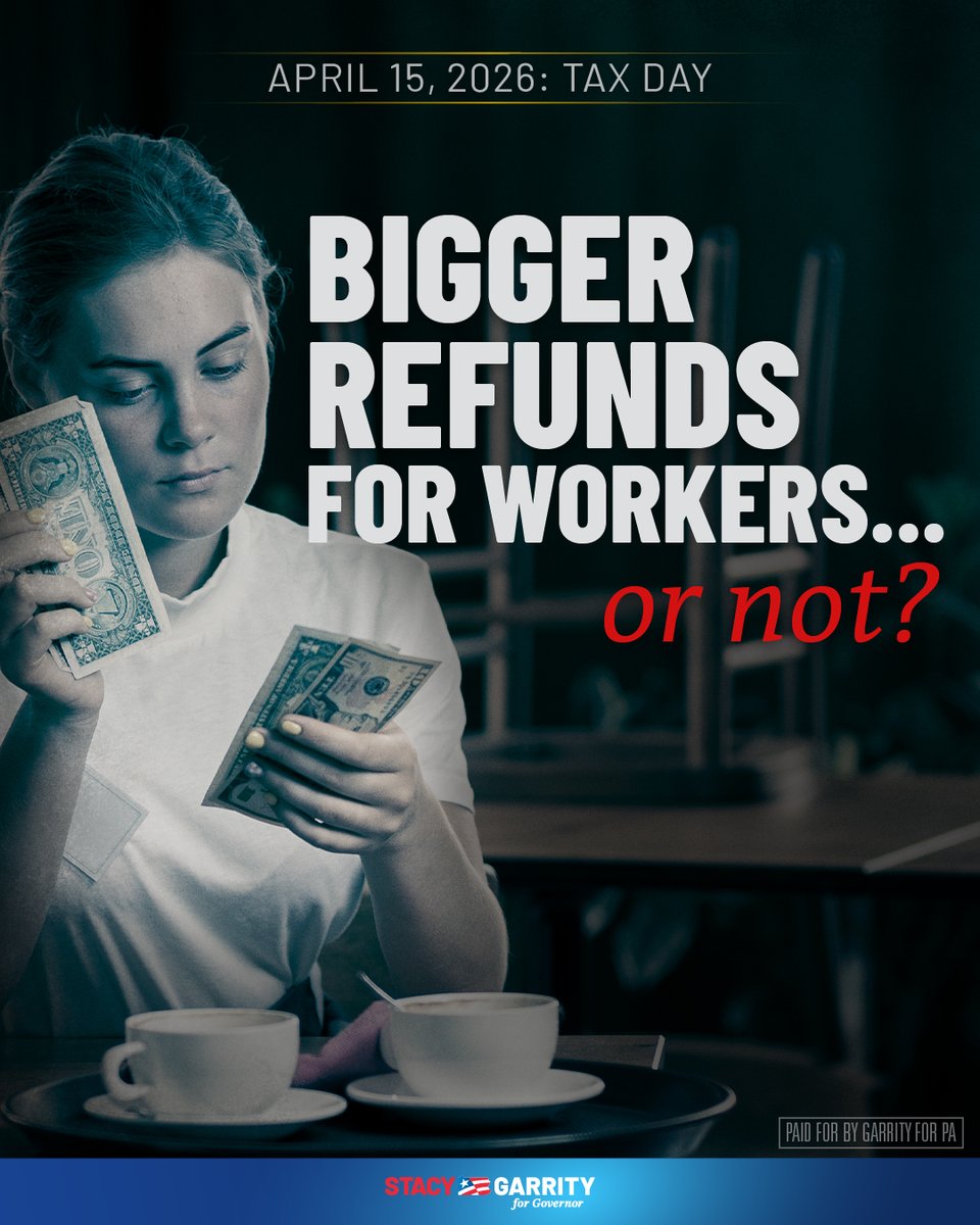GarrityForPA's tweet photo. Republicans in Washington delivered real tax relief, and Pennsylvanians will see bigger refund checks from the federal government.

President Trump and the GOP-led Congress extended the Trump tax cuts for families, eliminated taxes on tips and overtime for workers, and ended Social Security taxes for seniors.

Here in Pennsylvania, Josh Shapiro not only attacked anyone who voted for bigger refunds—he refused to provide Pennsylvanians real tax relief.

To add insult to injury, Pennsylvania families are still being squeezed by Shapiro’s reckless spending and looming tax hikes.

#TaxDay #TaxRelief #PAFamilies #LowerTaxes #PADeservesBetter #JoshShapiro #GarrityforGovernor