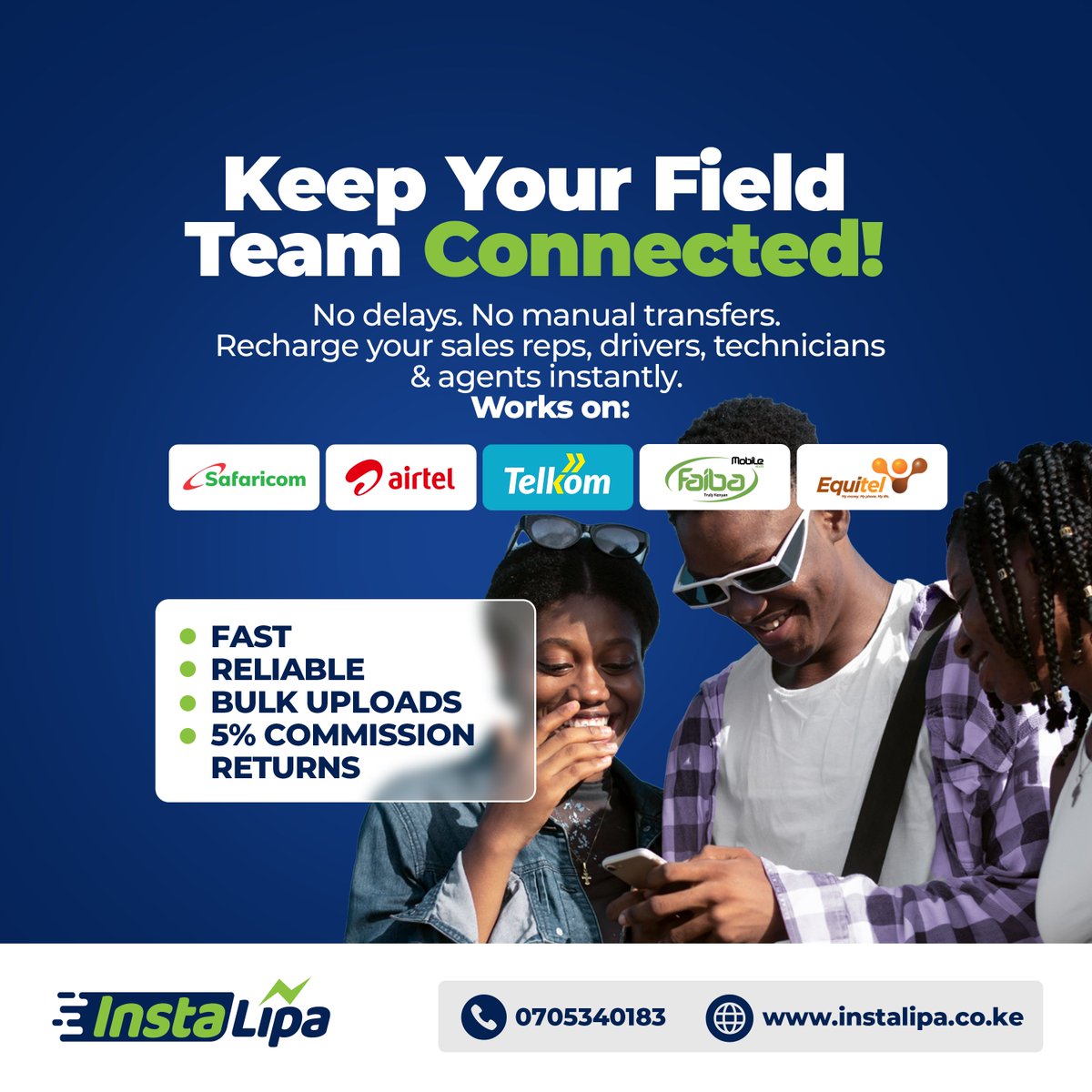 instalipa's tweet photo. Keep your team connected with Instalipa Corporate Airtime.
Send airtime to Safaricom, Airtel, Jtl Faiba, Equitel and Telkom numbers in seconds using our reliable Bulk Airtime platform.
✔ Fast delivery
 ✔ Easy management
 ✔ Perfect for organizations and SMEs
📞 0705340183
 🌐 https://t.co/lMgDQPqKcH
#BulkAirtime #CorporateAirtime #BusinessTools