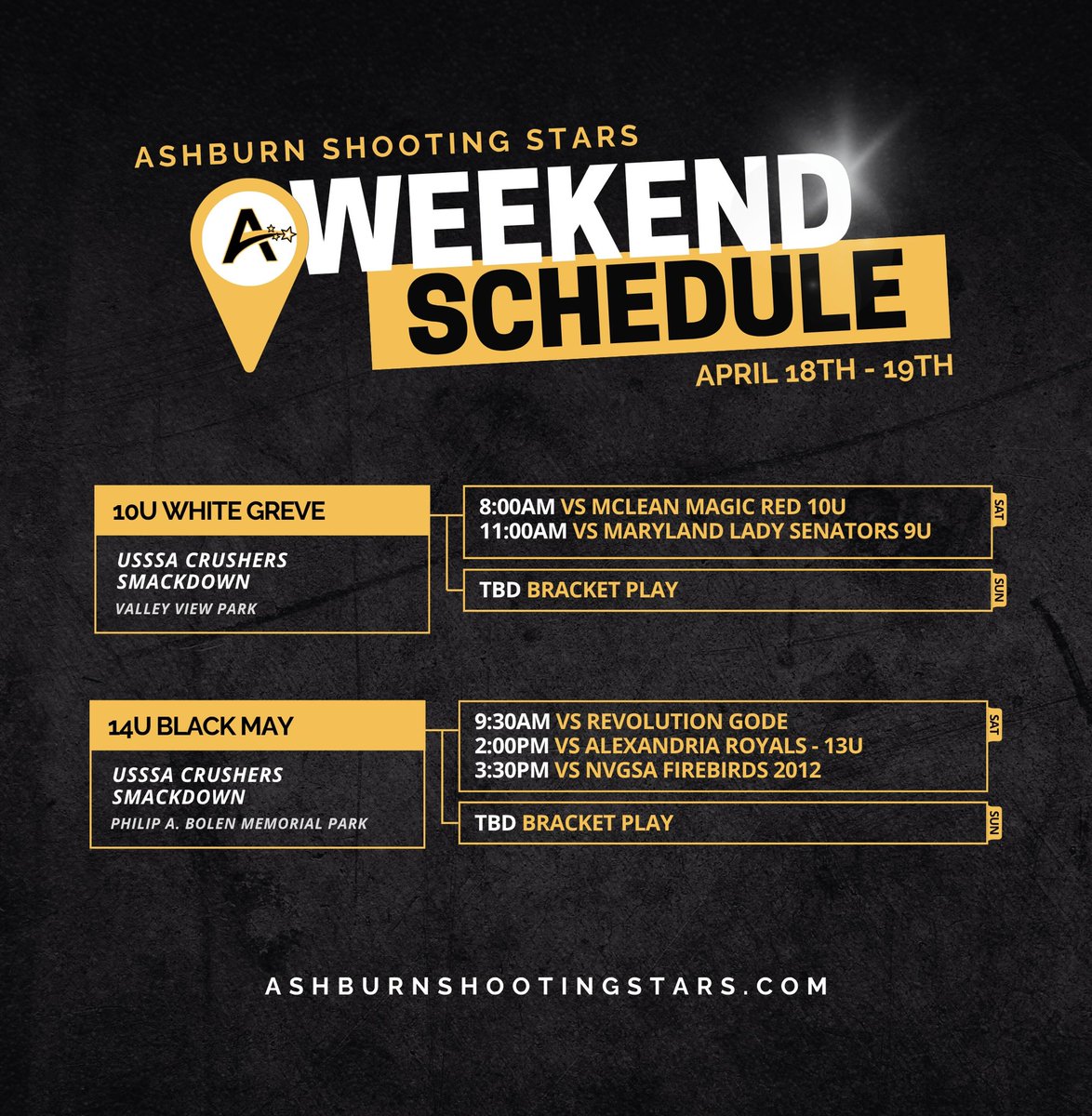 ShootingStarsFP's tweet photo. Another tournament weekend ahead for our Shooting Stars. Teams are set to take the field across multiple sites, ready to compete and keep building momentum. Here’s where they’ll be playing. 🖤🥎 https://t.co/dNhyuFxH1K