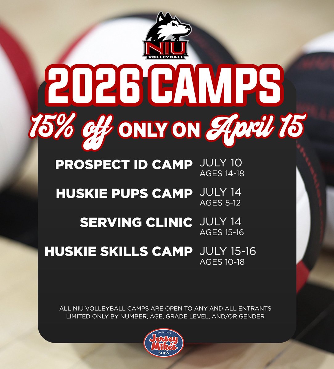 NIUVolleyball's tweet image. For one day one, get 15% off select NIU Volleyball Camps! 

Head over to our camp website to find the discount code for each camp! 🐾

*Please enter the discount code BEFORE adding the camp to your cart to receive the discount!

niuvolleyballcamps.totalcamps.com/About%20Us

#OnAMission