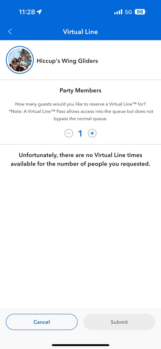 The attraction is currently down, but there is a Virtual Line button for Hiccup’s Wing Gliders today!