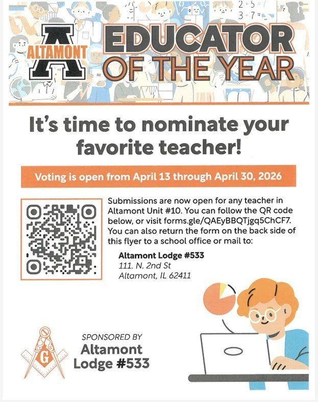 SchoolAltamont's tweet photo. It's that time of year to nominate your favorite teacher. 

Follow the QR code on the form, or return the form to the school office or mail to the address listed on the form.

Paper copies of the form are being sent with students today. 

Nominations are due by April 30, 2026. https://t.co/qck28KT0If