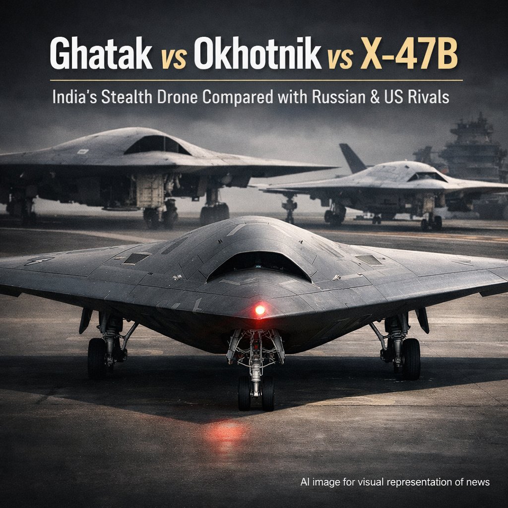 IndianDefenceT's tweet image. India’s Ghatak UCAV, still under development, emphasizes stealth, autonomy, and cost-efficiency. Russia’s Okhotnik is heavier with higher payload, while US X-47B is a mature carrier-based demonstrator.

#Ghatak #UCAV #DefenceTechnology #MilitaryAviation #StealthTech